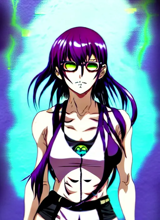 Prompt: style of madhouse studio anime, rei hiroe black lagoon manga, loish, artgerm, joshua middleton comic art, portrait of revy from black lagoon, purple hair, symmetrical eyes and symmetrical face, jean shorts, white tank top, waist up, sarcastic evil smirk on face, natural lighting, sky and ocean background