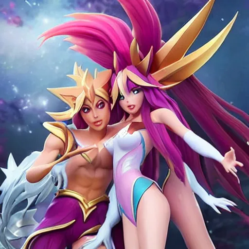 Image similar to star guardian xayah and star guardian kai'sa as friends together, league of legends, by weta digital, 3 - dimensional, realistic