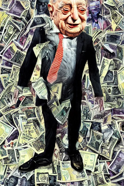 Image similar to George Soros full body shot, dollar bills Body horror, biopunk, by Ralph Steadman, Francis Bacon, Hunter S Thompson