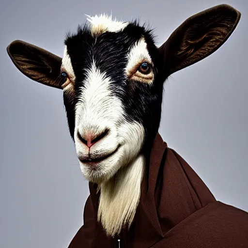 Image similar to a goat wearing a dark hooded cloak