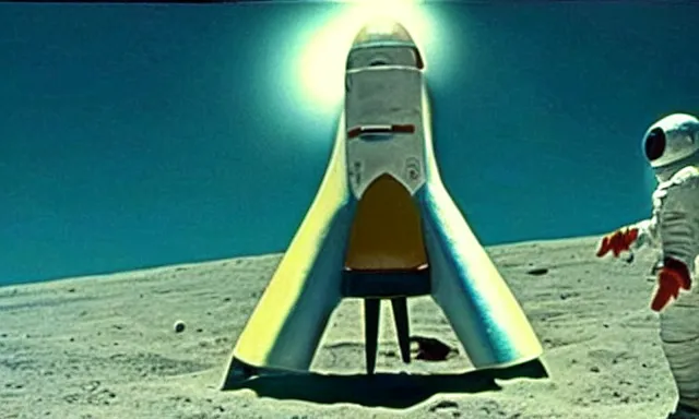 Image similar to full - color cinematic movie still from a 1 9 6 8 surreal film directed by salvador dali about astronauts traveling to the moon in a rocket - ship. bizarre ; dream - like.