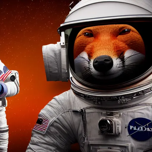 Image similar to a 3 d render of an astronaut in space holding a fox wearing lipstick