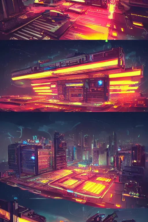 Image similar to cyberpunk buildings with a flight vehicle glowing in the sky, neon sign, bottom view, bladerunner, digital illustration, artstation, realistic render