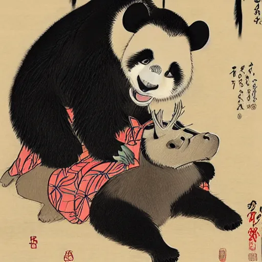 Image similar to a panda and moose kissing, shunga style, ukiyo - e art, artstation