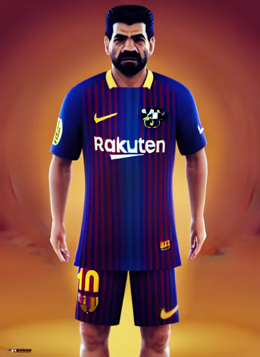 Prompt: portrait of sadam hussain, head and torso, fc barcelona jersey number 1 0, dark blue, maroon red, unreal engine 5, trending on artstation, octane render