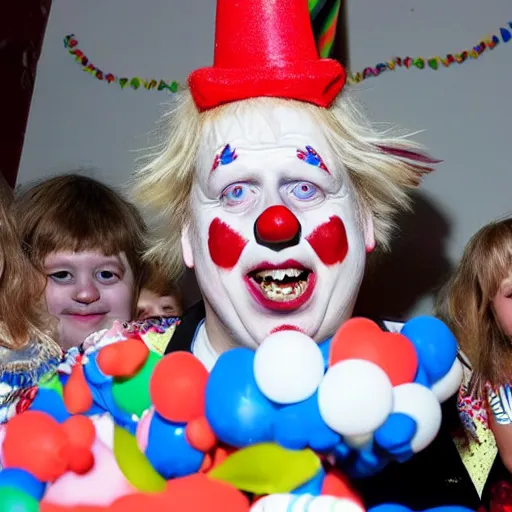 Prompt: boris johnson as a clown at a child's birthday party, clown, funny