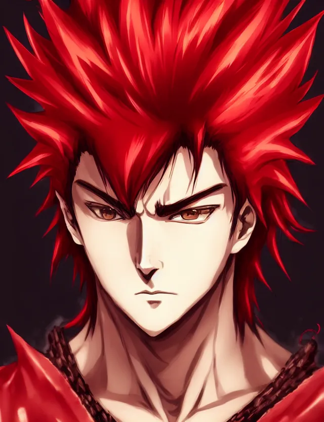 Image similar to a detailed manga portrait of a handsome tall man with spiked crimson hair in fiery crimson crystalline armour, trending on artstation, digital art, 4 k resolution, detailed, high quality, sharp focus, hq artwork, coherent, insane detail, character portrait