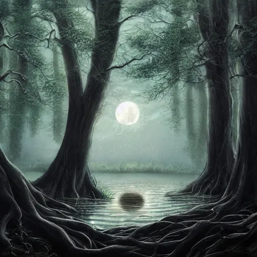 Prompt: highly realistic scenic painting of a towering misty dark fantasy forest surrounding a pond, a rusalka sits on the roots of an ancient tree looking up at the moon, spooky fog, looming trees, beautiful fantasy painting hd