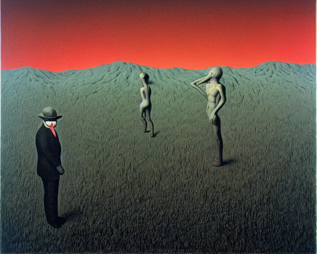 Image similar to learning to be dead by Magritte, Beksinski, and Keith Haring