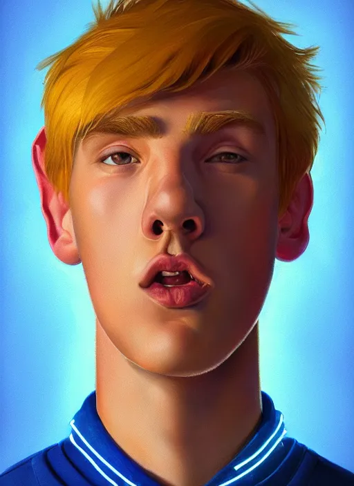 Image similar to portrait of high school senior boy named big moose, blonde short hair, jock, beefy, wide face, square jaw, square facial structure, blue varsity jacket with letter r, intricate, elegant, glowing lights, highly detailed, digital painting, artstation, concept art, sharp focus, illustration, art by wlop, mars ravelo and greg rutkowski