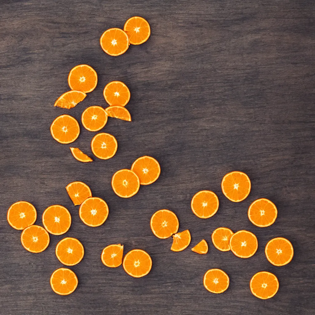 Prompt: top-down view with a single slice of orange slice on top of a wooden table, 4k, photorealistic