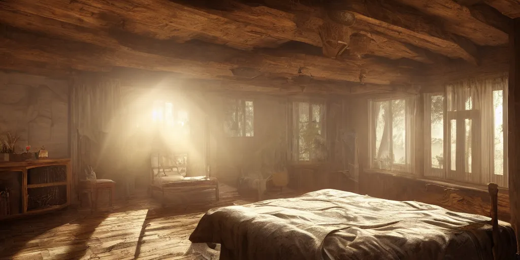 Prompt: A rustic old-fashioned wooded homey bedroom with dappled lighting and god-rays protruding in the style of Greg Rutkowski, oil painted, rendered in unreal engine, rendered in octane, trending on artstation, artstationHQ, artstationHD, artstation 4K, 8k resolution, professional grade, professional photography.