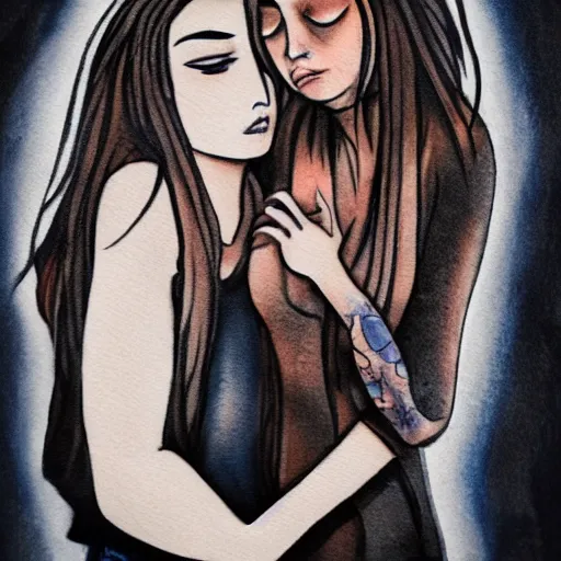 Image similar to Hot young woman, grey skin, void eyeballs, tattoos, wearing a leather jacket, hugging a shrouded person as they cry on her chest, comforting, touching, wholesome, art, watercolour, big sister, little brother, 8k