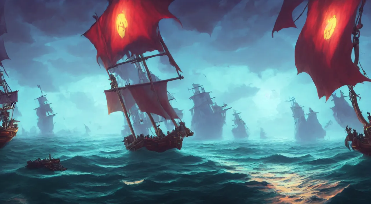 Image similar to pirates on a ghost ship with the Jolly Roger flag in the ocean, volumetric lighting, fantasy art overwatch and heartstone video game icon, a detailed matte painting, by RHADS, cgsociety, fantasy art, matte painting, artstation hq, matte drawing, by makoto shinkai and Beeple Jorge Jacinto ,Tyler Edlin, philipsue on artstation