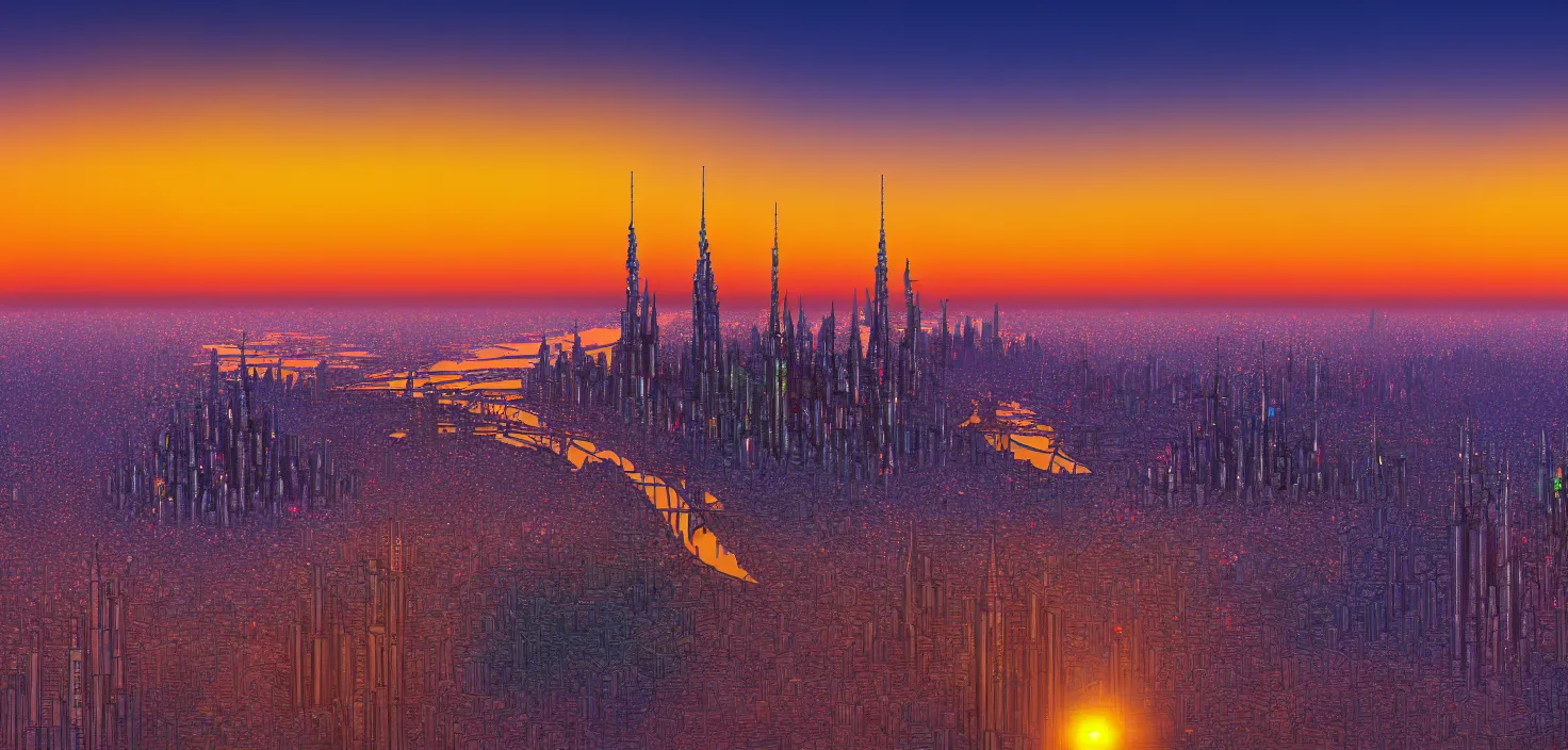 Image similar to studio ghiblli city, sunrise, 8 k denoised, high detail