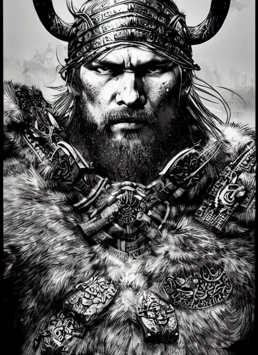 Image similar to portrait of a viking warrior, sumi - e style, masterful, ultrafine hyperdetailed illustration, concept art, detailed, intricate linework, art by yoji shinkawa