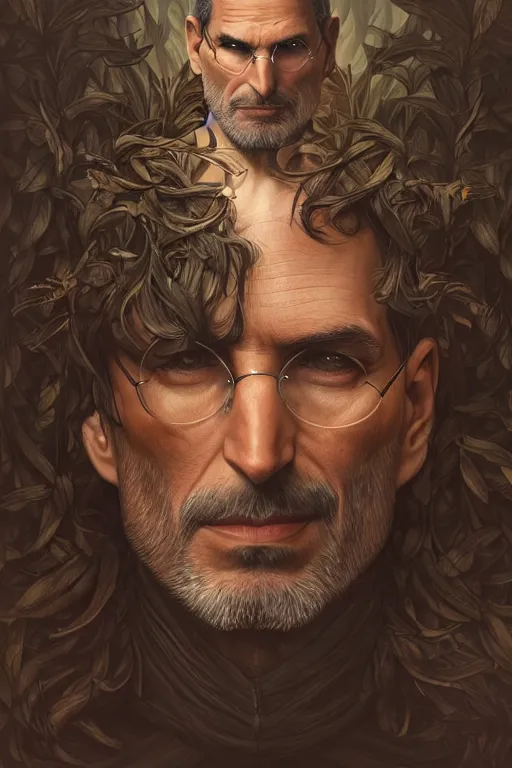 Image similar to portrait of king steve jobs, forest, godlike, upper body, fantasy, intricate, elegant, highly detailed, digital painting, artstation, concept art, sharp focus, illustration, art by artgerm and greg rutkowski and alphonse mucha