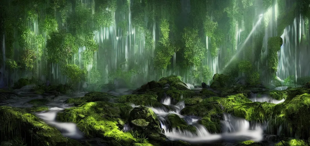 Prompt: beautiful view of a forest waterfall, glowing bubbly water with caustics, dark atmosphere, dappled light, reflections, light rays. refraction, symmetry, cinematic lighting, ultra detailed, sharp, ambient occlusion, bloom, raytracing, by dylan cole, sebastian meyer and jordan grimmer