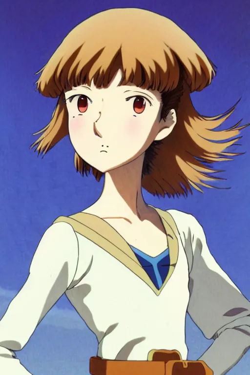 Image similar to anime art full body portrait character nausicaa by hayao miyazaki concept art, anime key visual of elegant young female, short brown hair and large eyes, finely detailed perfect face delicate features directed gaze, valley of the wind and mountains background, trending on pixiv fanbox, studio ghibli, extremely high quality artwork by kushart krenz cute sparkling eyes