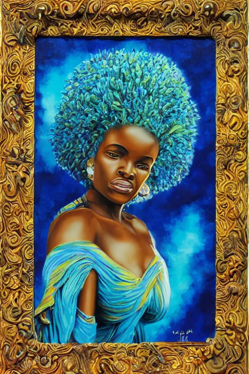 Prompt: painting of african mother nature floating through the sky, inspired by gustav moreau and wayne barlow, exquisite detail, hyper realism, ornate, exquisite detail, cute face