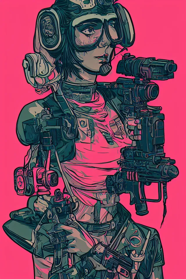 Image similar to very detailed, ilya kuvshinov, mcbess, rutkowski, illustration of a cyberpunk military woman, colorful, cinematic composition, studio lighting