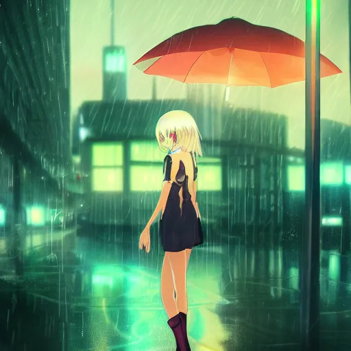 Image similar to anime girl intimidating look sharp blade looking into camera rain glowing city neon night, ghibli style