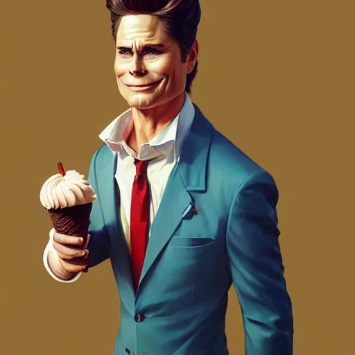 Prompt: full body anthropomorphic ice cream man cone resembling rob lowe!, fantasy, sci - fi, by charlie bowater, artgerm, ilya kuvshinov, krenz cushart, ruan jia, realism, ultra detailed, 8 k resolution