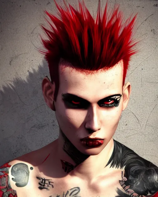 Prompt: young man with a short red dyed mohawk, red eyes and a slim face, dressed in crustpunk clothing, headshot, attractive, handsome, in color, no makeup, model, trending on artstation, high quality art, character design