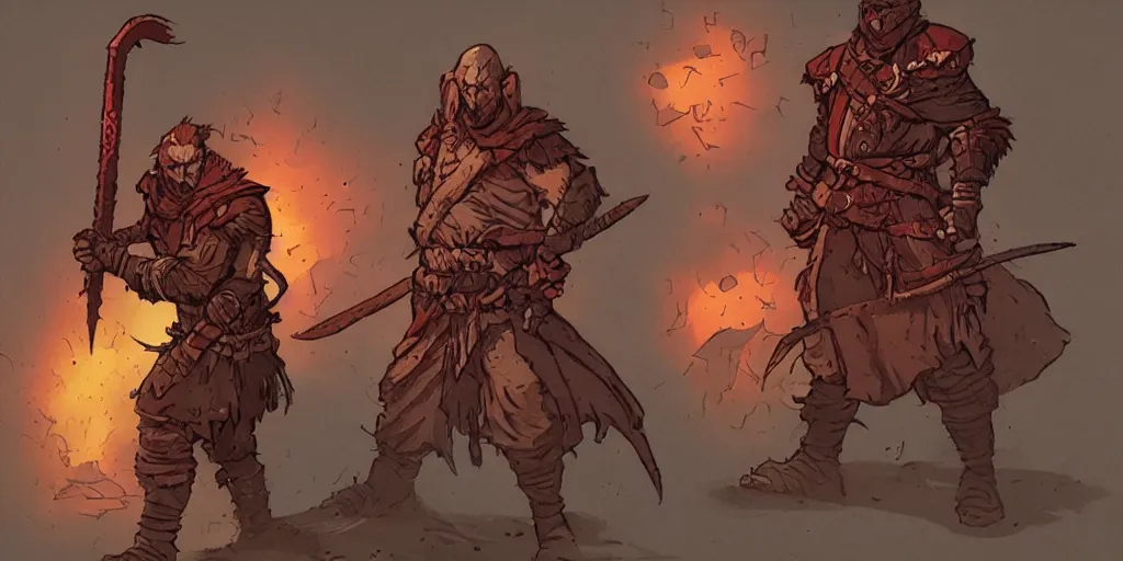 Image similar to warrior character design, idle, colored, sword, sprite, darkest dungeon, pc game, sideview, art by moebius and greg rutkowski.