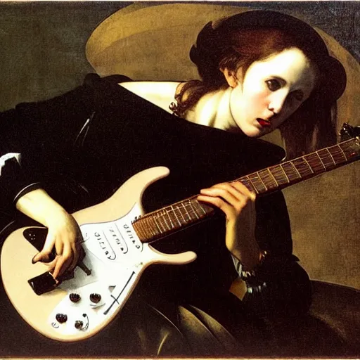 Prompt: Anna Calvi playing electric guitar by Caravaggio and James Jean