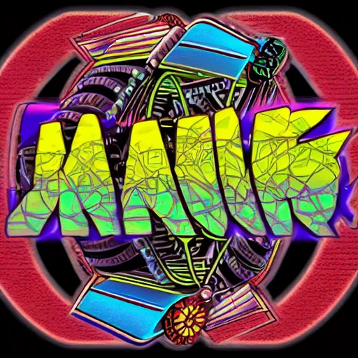 Prompt: sticker of a rock band, name is tripmachine, on the sticker is a 3 d render of a huge futuristic steampunk generator with gears and trippy tubes, 8 k, fluorescent colors, halluzinogenic, multicolored, exaggerated detailed, silk screen art