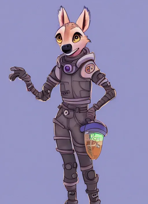 Image similar to digital detailed full body of anthromorphic female hyena, in style of zootopia, zootopia, zootopia, fursona, furry, furaffinity, 4 k, deviantart, furry art, fursona art, wearing astronaut outfit, in style of zootopia, hyena fursona, cyberpunk, female, stylized face,