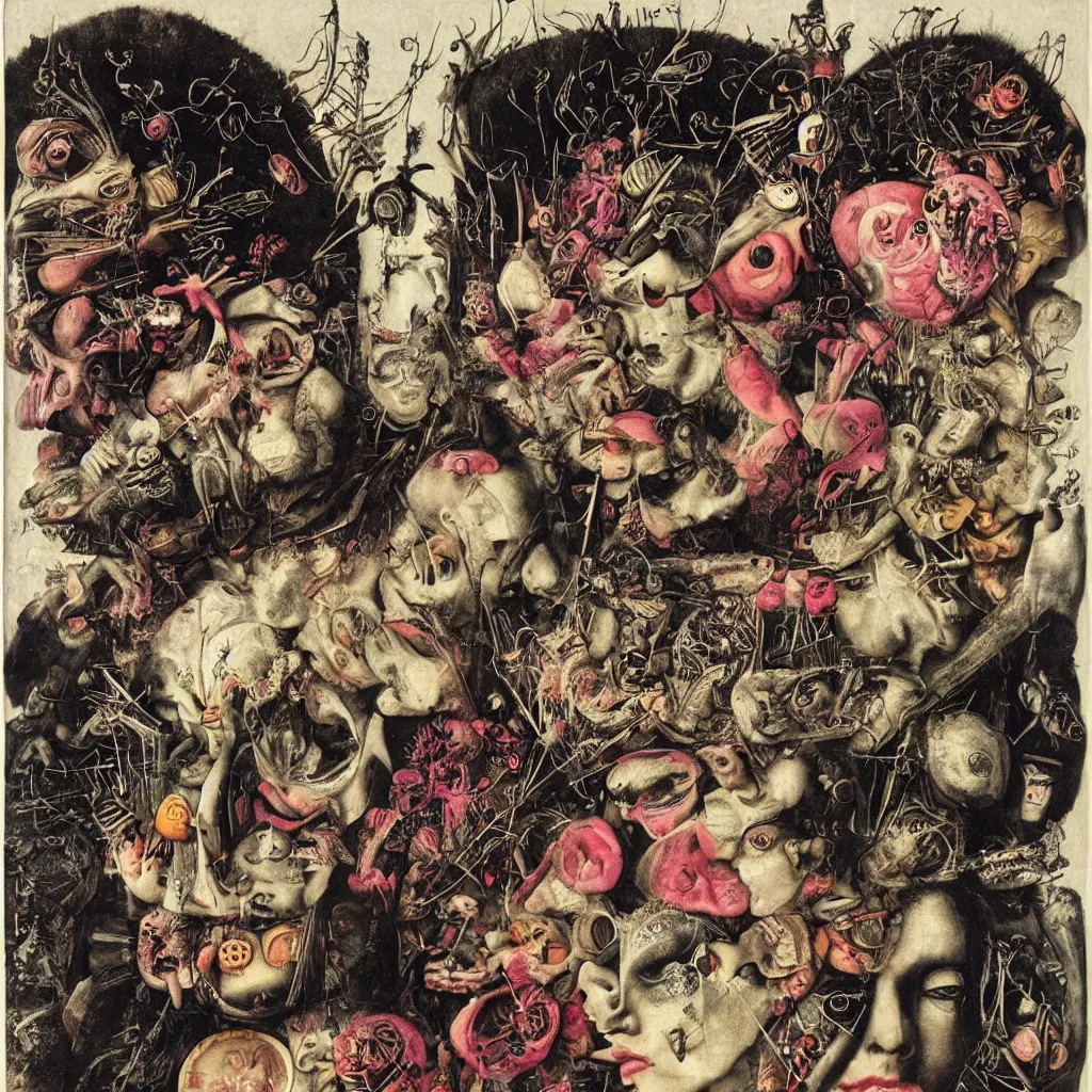 Image similar to post - punk new age album cover, asymmetrical design, dollar bank notes, capitalism, magic, apocalypse, psychedelic, black white pink, magic, giger h. r., giuseppe arcimboldo