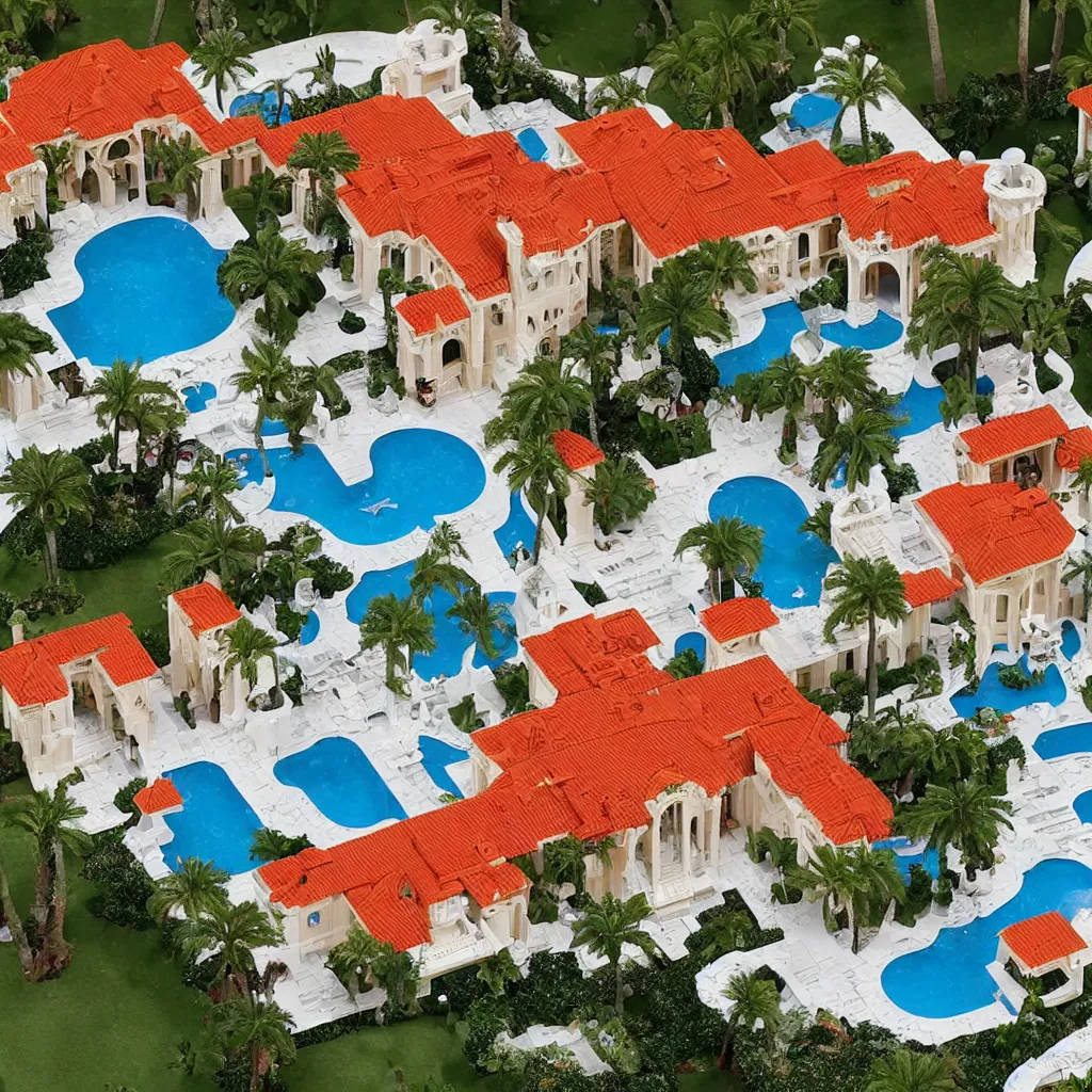 Prompt: mar - a - lago mediterranean - style villa red roof palm beach fbi police vehicle raid lego set laid out