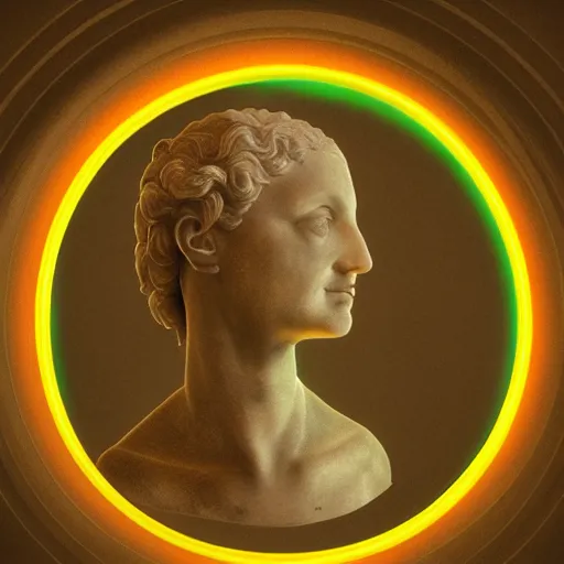 Image similar to a perfect neon circle surrounding the head of a renaissance statue, 3 d render