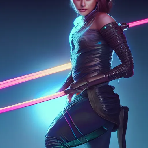 Prompt: woman with neon katana, highly detailed, professional digital painting, Unreal Engine 5, Photorealism, HD quality, 8k resolution, cinema 4d, 3D, cinematic, professional photography, art by artgerm and greg rutkowski and alphonse mucha and loish and WLOP