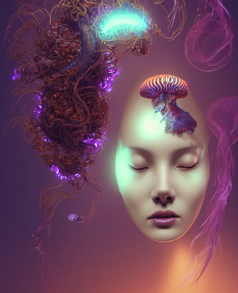 Image similar to goddess close-up portrait. chimera orchid jellyfish phoenix head, nautilus, skull, betta fish, bioluminiscent creatures, intricate artwork by Tooth Wu and wlop and beeple. octane render, trending on artstation, greg rutkowski very coherent symmetrical artwork. cinematic, hyper realism, high detail, octane render, 8k