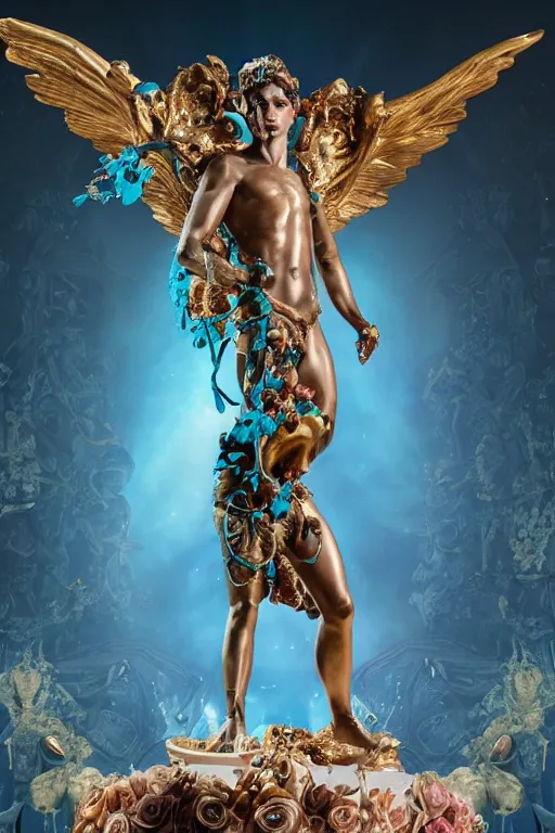 Prompt: a young handsome Spanish prince in a full-body bronze cyberpunk style statue of Icarus with glowing blue eyes, crown of peach roses, flowing teal-colored silk, fabric, flowers. baroque elements, human skull. full-length view. baroque element. intricate artwork by caravaggio. many many birds birds on background. Trending on artstation, octane render, cinematic lighting from the right, hyper realism, octane render, 8k, depth of field, 3D