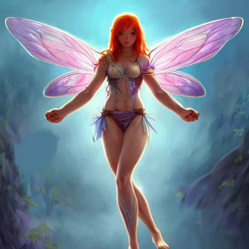 Image similar to beautiful natural fairy winged redhead martial artist fantasy fairy cute karate fey fae muscular body shortsword fairy summer spring seasons smirk, kung fu, vivid colors, intricate, elegant, highly detailed, digital painting, artstation, concept art, smooth, sharp focus, illustration, art by artgerm and greg rutkowski and alphonse mucha and loish and wlop