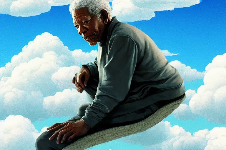 Image similar to Pixiv Digital art Full Body Extreme Detailed Full and Isolated and singular portrait of Morgan Freeman sitting on a Cloud in the sky. His legs are crossed lotus position in the scene is full of clouds by Ilya Kuvshinov and Greg Rutkowski