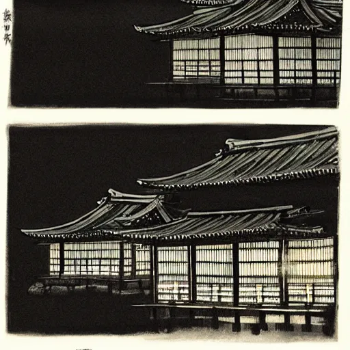 Image similar to a beautiful ink painting of buildings in japanese traditional style, in the style of hiroshi yoshida, at night, light effect, detailed, high - definition, exquisite isolated very detailed, moody lighting, 8 k highly detailed, trending on artstation