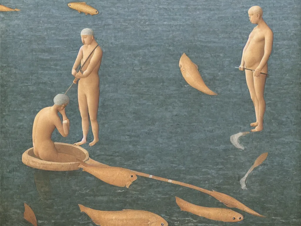 Image similar to Painter washing his brush in the river. Giant fishes. Painting by Alex Colville, Piero della Francesca.