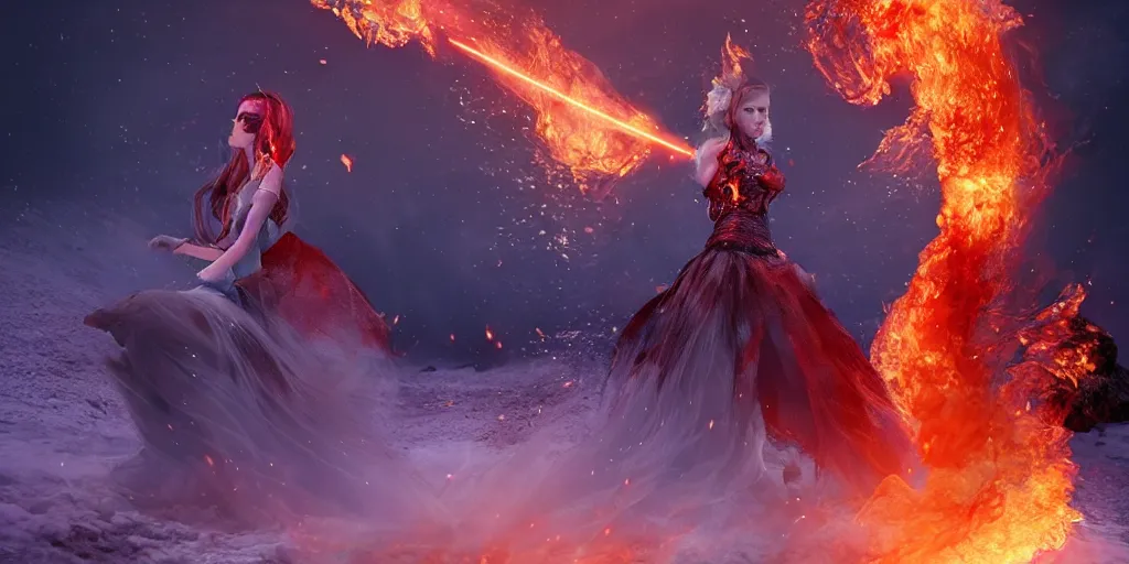 Prompt: extraordinary sensual fairytale princess dress made of fire and ice, snow, fusion, eruption, particles, 3d model, epic scene unreal render depth of focus blur hyper realistic detail Star Wars, fantasy , x-men storm , art behance