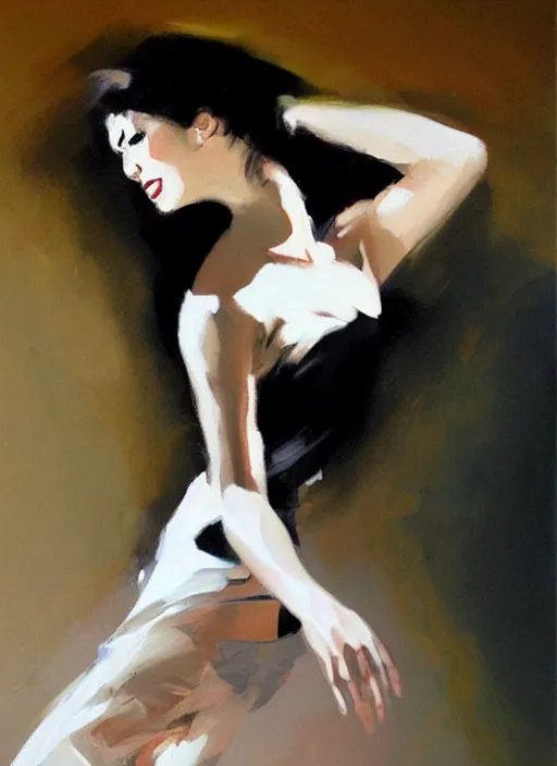 Image similar to sensual tango dancer girl in white dress, painting by phil hale, fransico goya, action lines, graphic style, visible brushstrokes, motion blur, blurry, visible paint texture, crisp hd image
