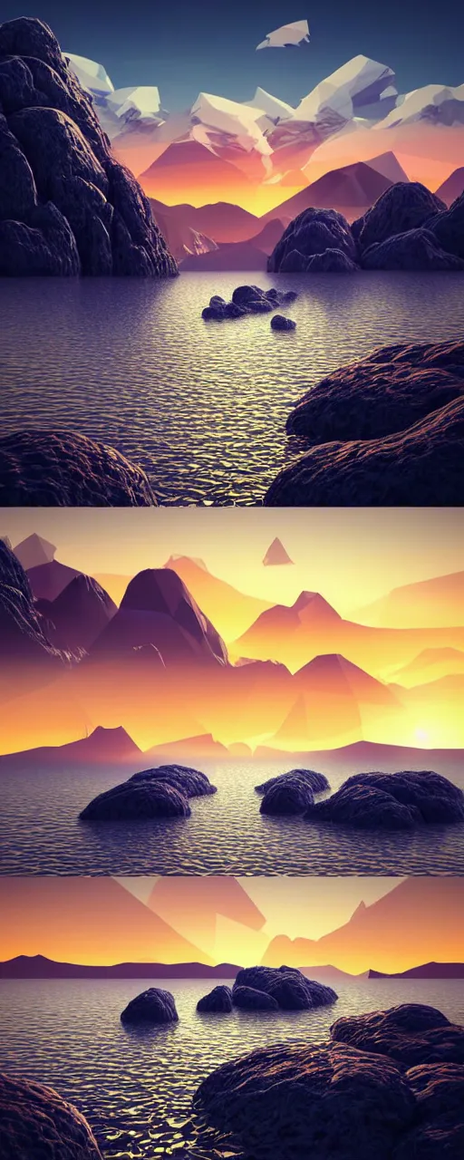 Prompt: super detailed color lowpoly art, northern sunset with rocks on front, monochrome photorealistic bay in the middle of perspective and mountains at background, big graphic ship in random point of bay, unreal engine, high contrast color palette, 3 d render, lowpoly, colorful, digital art, perspective, robb cobb