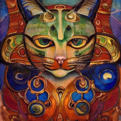 Image similar to masterpiece painting of a mechanical cloisonne cat head sculpture, by annie swynnerton and diego rivera and janet fish and nicholas roerich and jean delville, symbolist, dramatic lighting, god rays, art brut, rich colors, smooth, sharp focus, extremely detailed, adolf wolfli and ( donato giancola and bilibin )