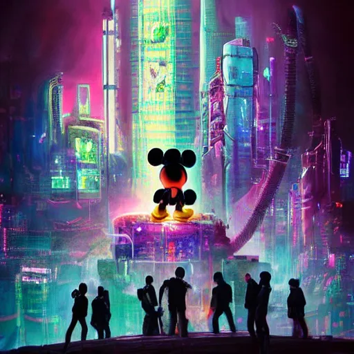 Image similar to a group of people standing around a mickey mouse, cyberpunk art by david lachapelle, cgsociety, sots art, dystopian art, reimagined by industrial light and magic, concept art