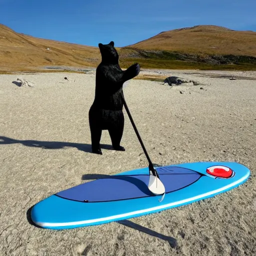 Prompt: bear on a sup, paddleboard, in the style of soapstone carving, in the inuit style,