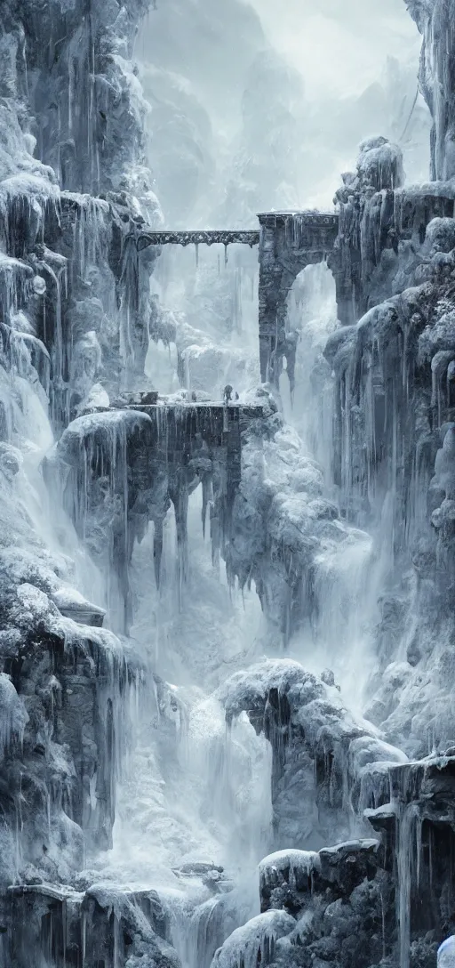 Image similar to a gigantic PALACE made of CRYSTAL stone with arches and bridge on top of a WATERFALL in the SNOW , blizzard, a small stream runs beneath the waterfall, landscape, raphael lacoste, eddie mendoza, alex ross, concept art, matte painting, highly detailed, rule of thirds, dynamic lighting, cinematic, detailed, denoised, centerd