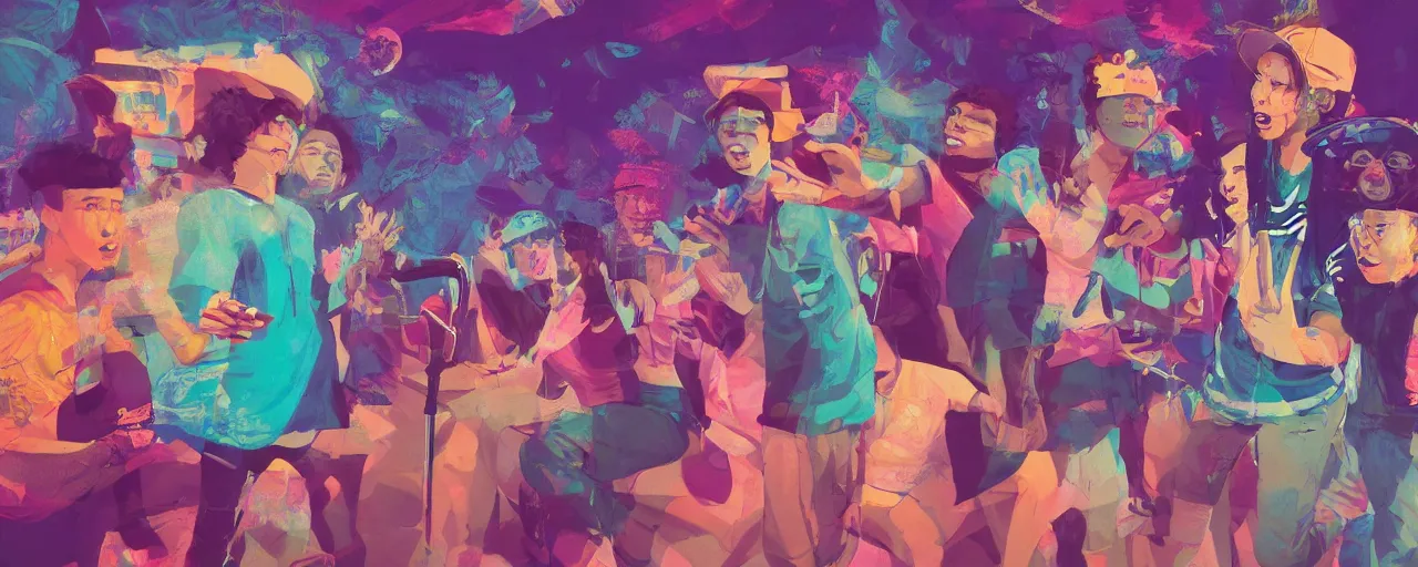 Prompt: four friends rapping with microphone in living room, epic pose, white people, Asian people, Hispanic people, Indian people, silhouetted, distinct, digital art, vaporwave, psychedelic, surreal, trending on Artstation, professional artist, detailed, 4k